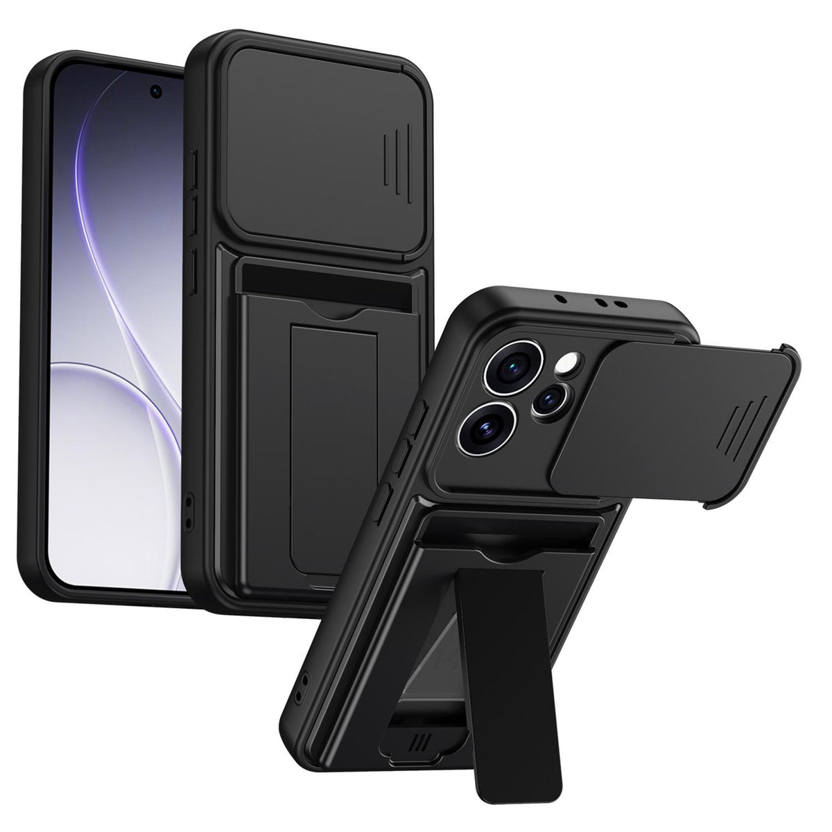 For OPPO Reno15 Pro 5G Global Card Holder Series Sliding Lens Cover PC Hybrid TPU Phone Case - Black - EDA009709804D