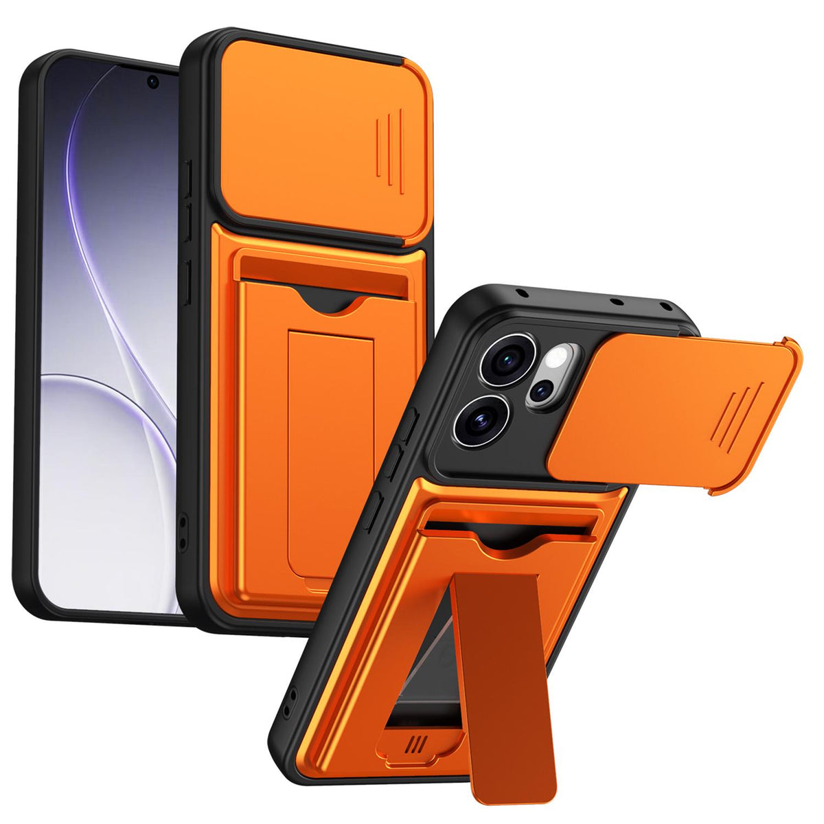 For OPPO Reno15 Pro Max 5G Global Card Holder Series Sliding Lens Cover PC Hybrid TPU Phone Case - Orange - EDA009709805C