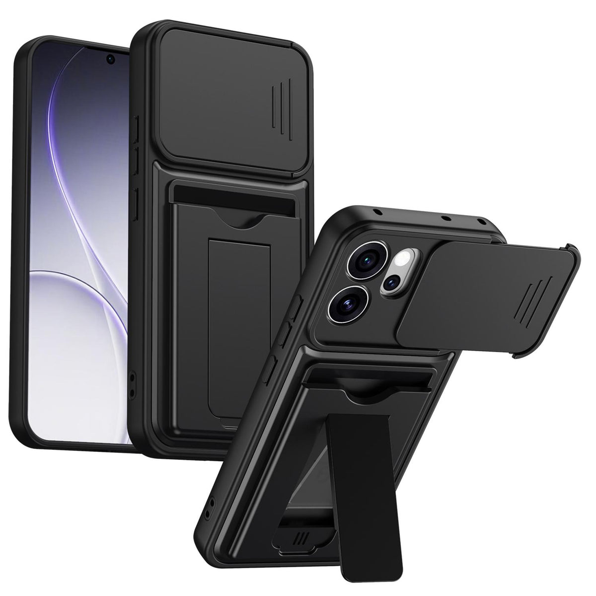 For OPPO Reno15 Pro Max 5G Global Card Holder Series Sliding Lens Cover PC Hybrid TPU Phone Case - Black - EDA009709805D