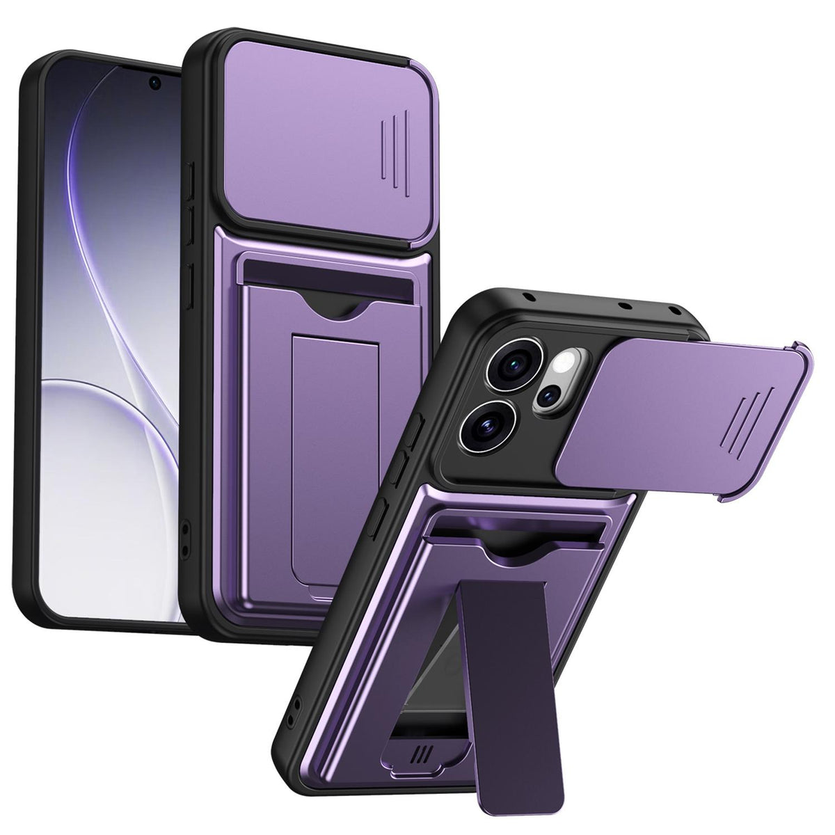 For OPPO Reno15 Pro Max 5G Global Card Holder Series Sliding Lens Cover PC Hybrid TPU Phone Case - Purple - EDA009709805E