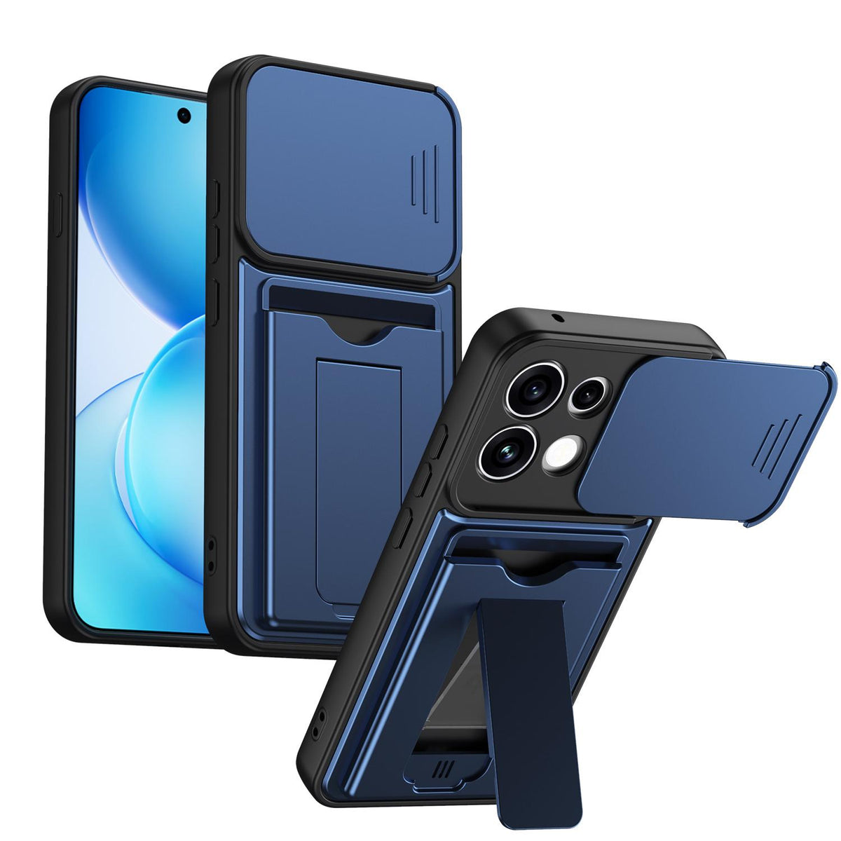 For OPPO Reno16 F / Reno16 FS 5G Card Holder Series Sliding Lens Cover PC Hybrid TPU Phone Case - Blue - EDA009709807B