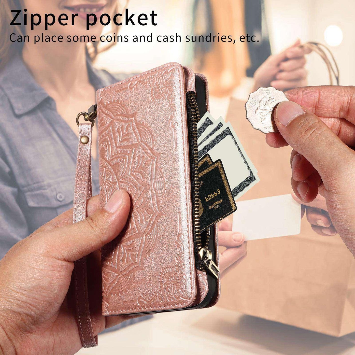 For Xiaomi Poco C95 Pro Mandala Embossed 9-Card Zipper RFID Vegan Leather Phone Case with Short Lanyard(Rose Gold)