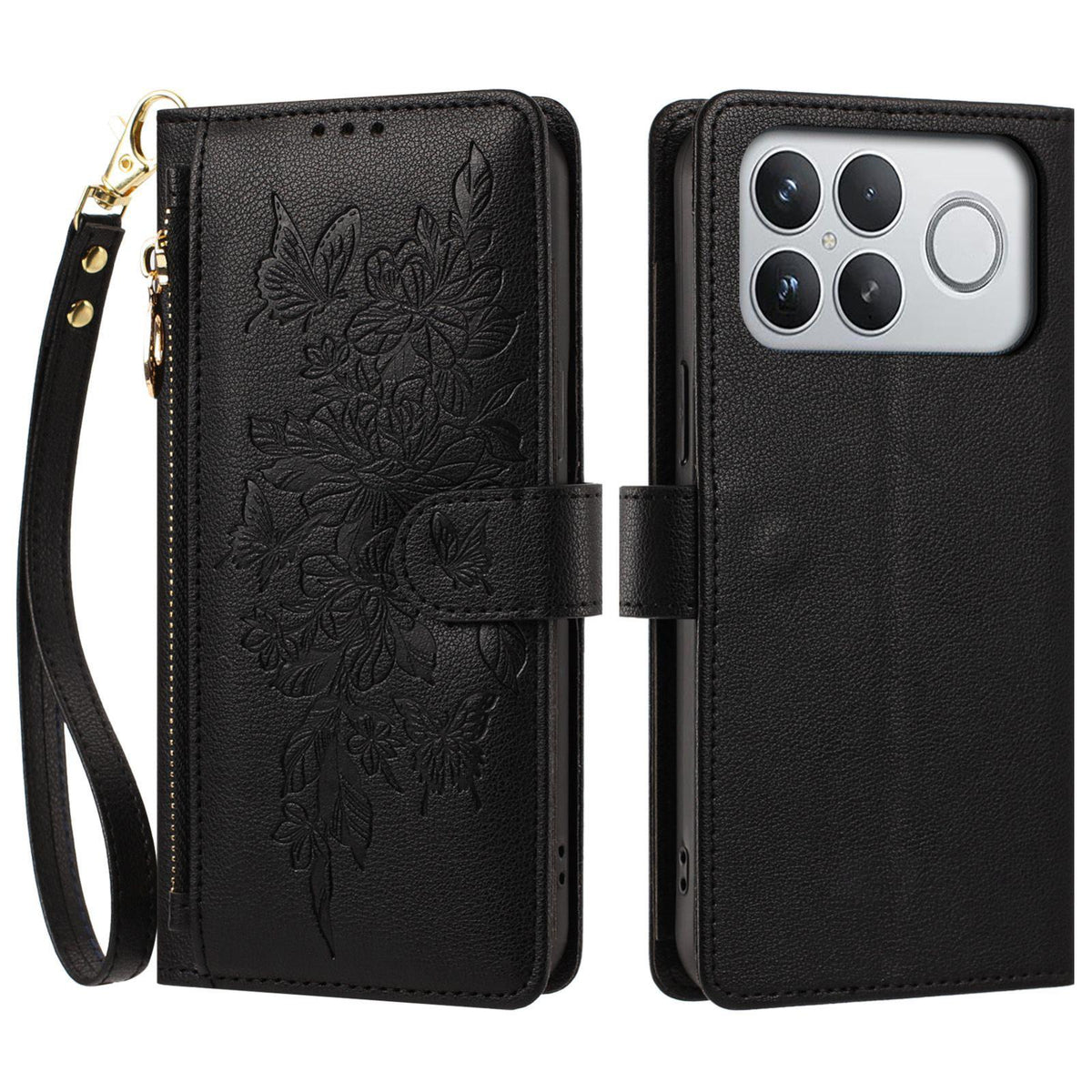 For Redmi K90 Pro Max / Poco F8 Ultra Butterfly Flower Zipper Wallet Vegan Leather Phone Case with Strap(Black)