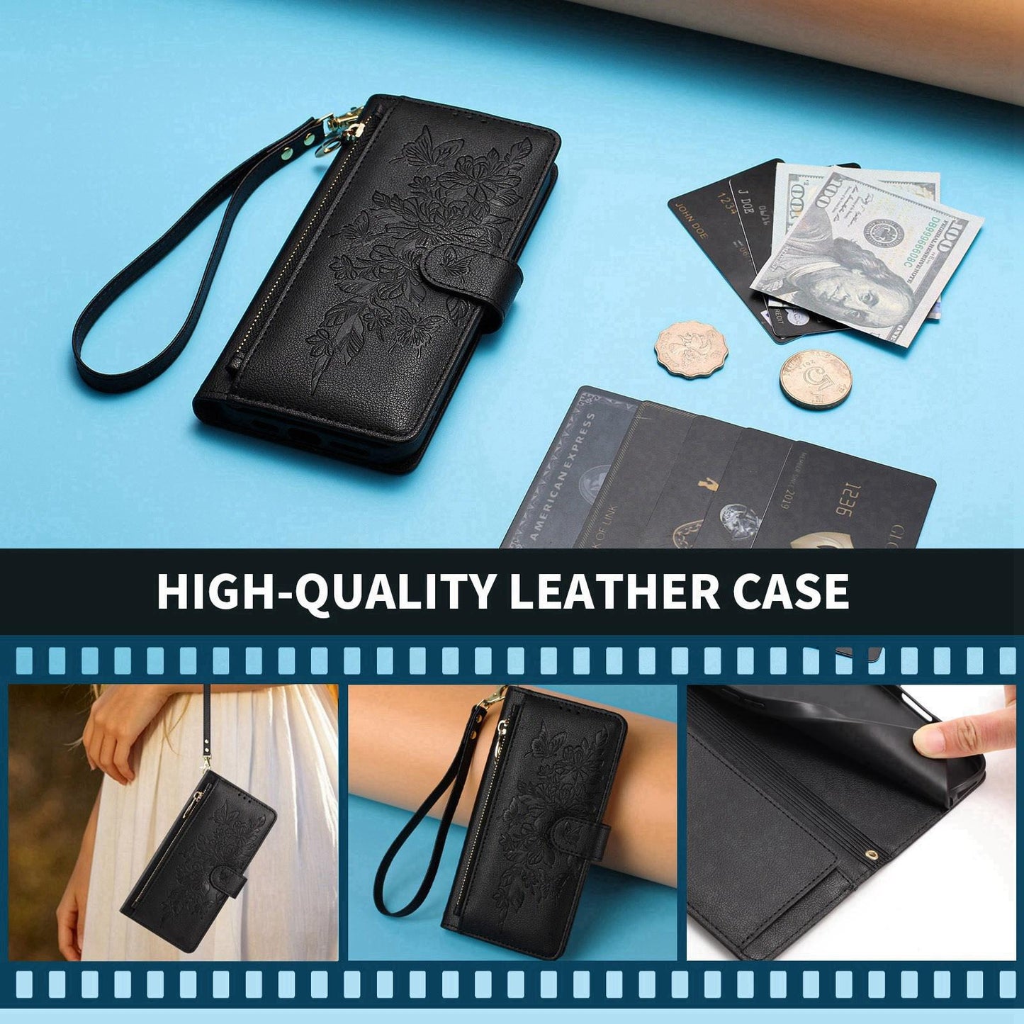 For Redmi K90 Pro Max / Poco F8 Ultra Butterfly Flower Zipper Wallet Vegan Leather Phone Case with Strap(Black)
