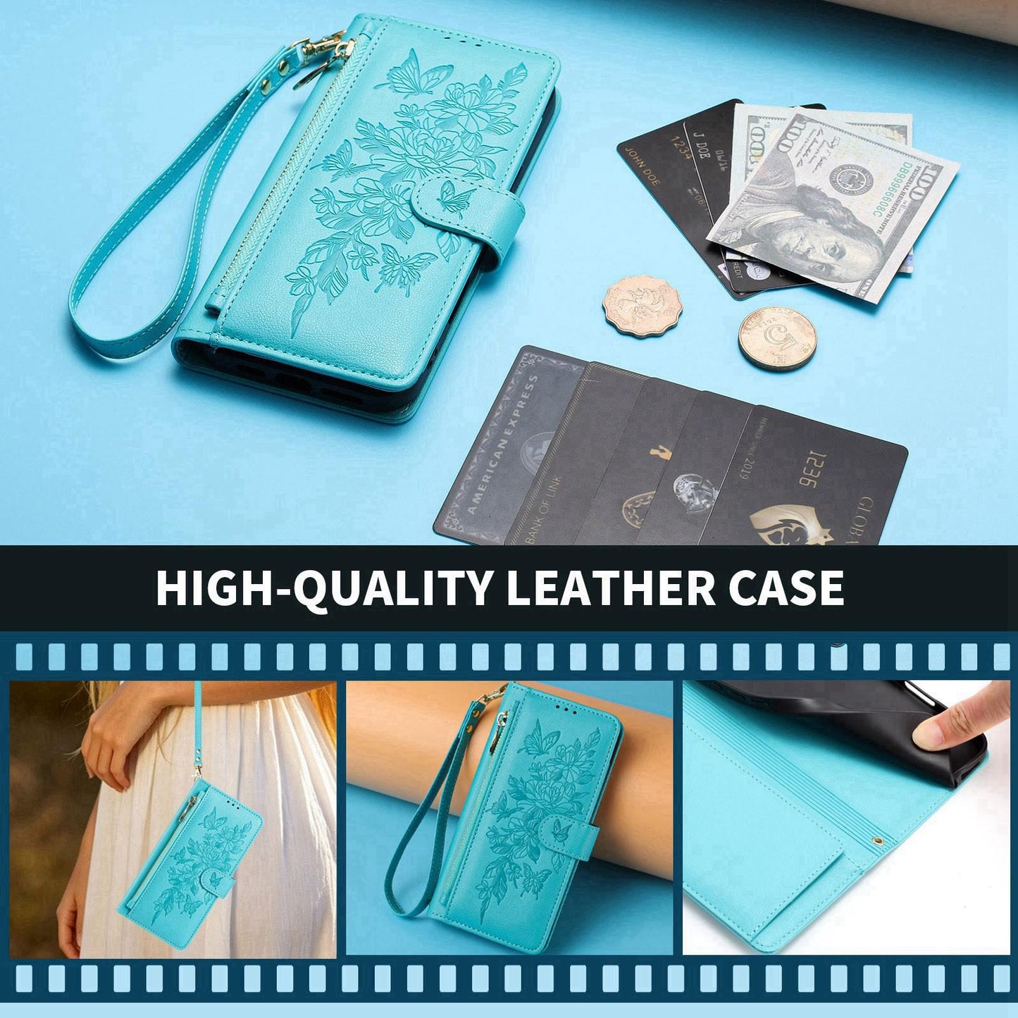 For Redmi K90 Pro Max / Poco F8 Ultra Butterfly Flower Zipper Wallet Vegan Leather Phone Case with Strap(Lake Blue)