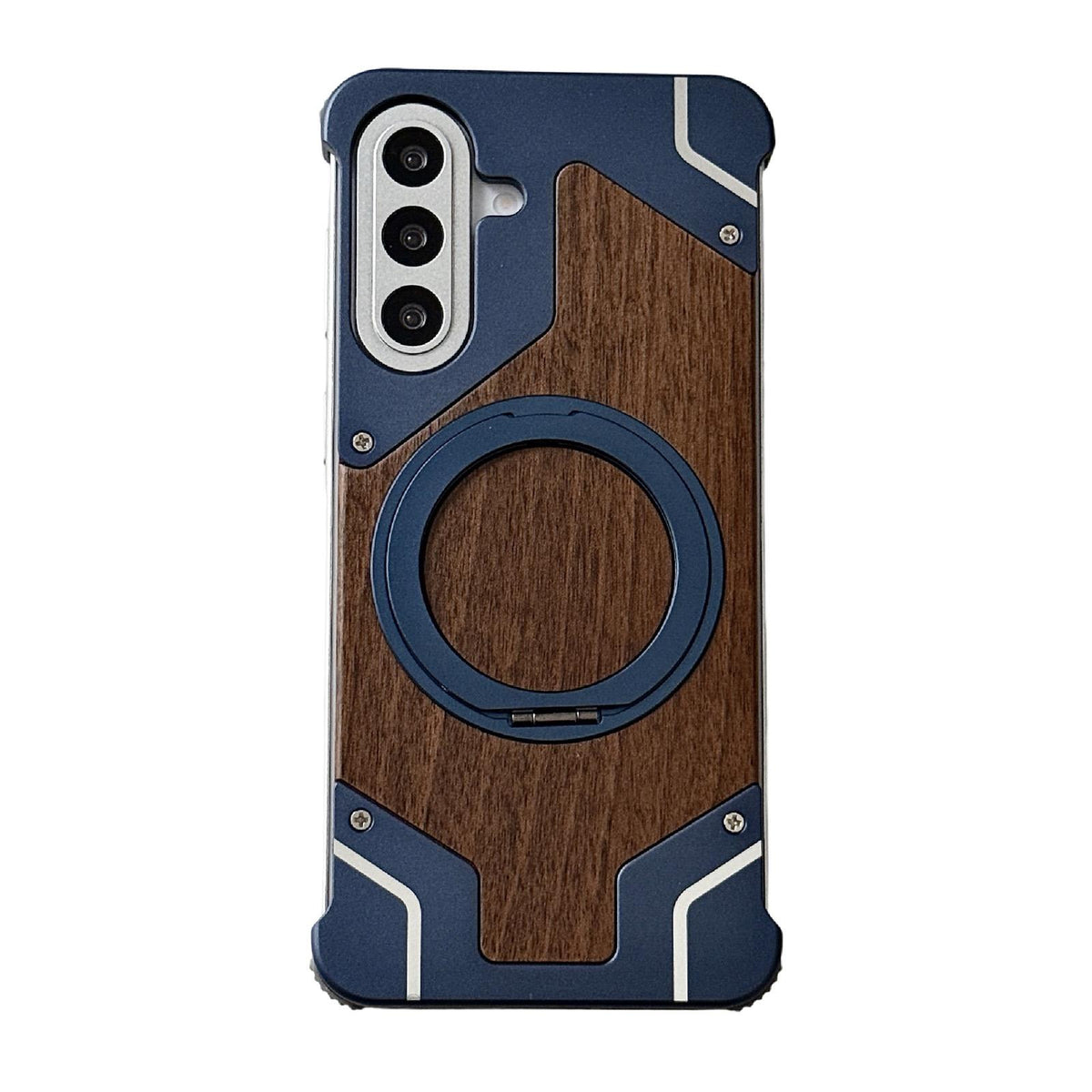 For Galaxy A56 5G Armor Walnut Wood Metal Frameless 360 Rotation Holder Magnetic Phone Case - Blue - EDA009740901B