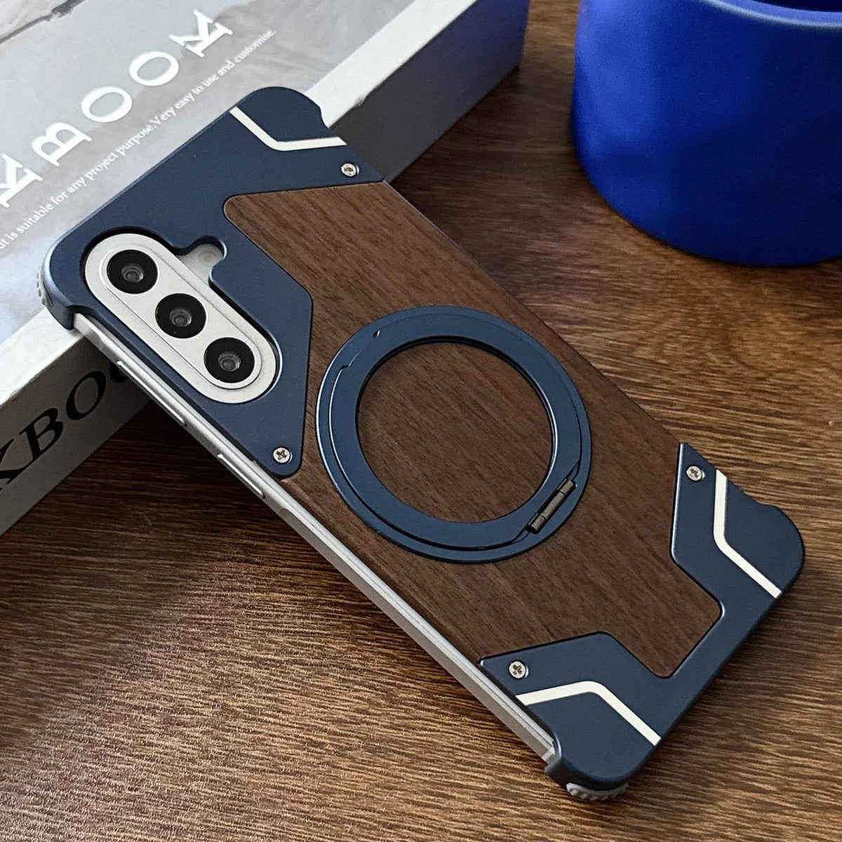 For Galaxy A56 5G Armor Walnut Wood Metal Frameless 360 Rotation Holder Magnetic Phone Case - Blue - EDA009740901B