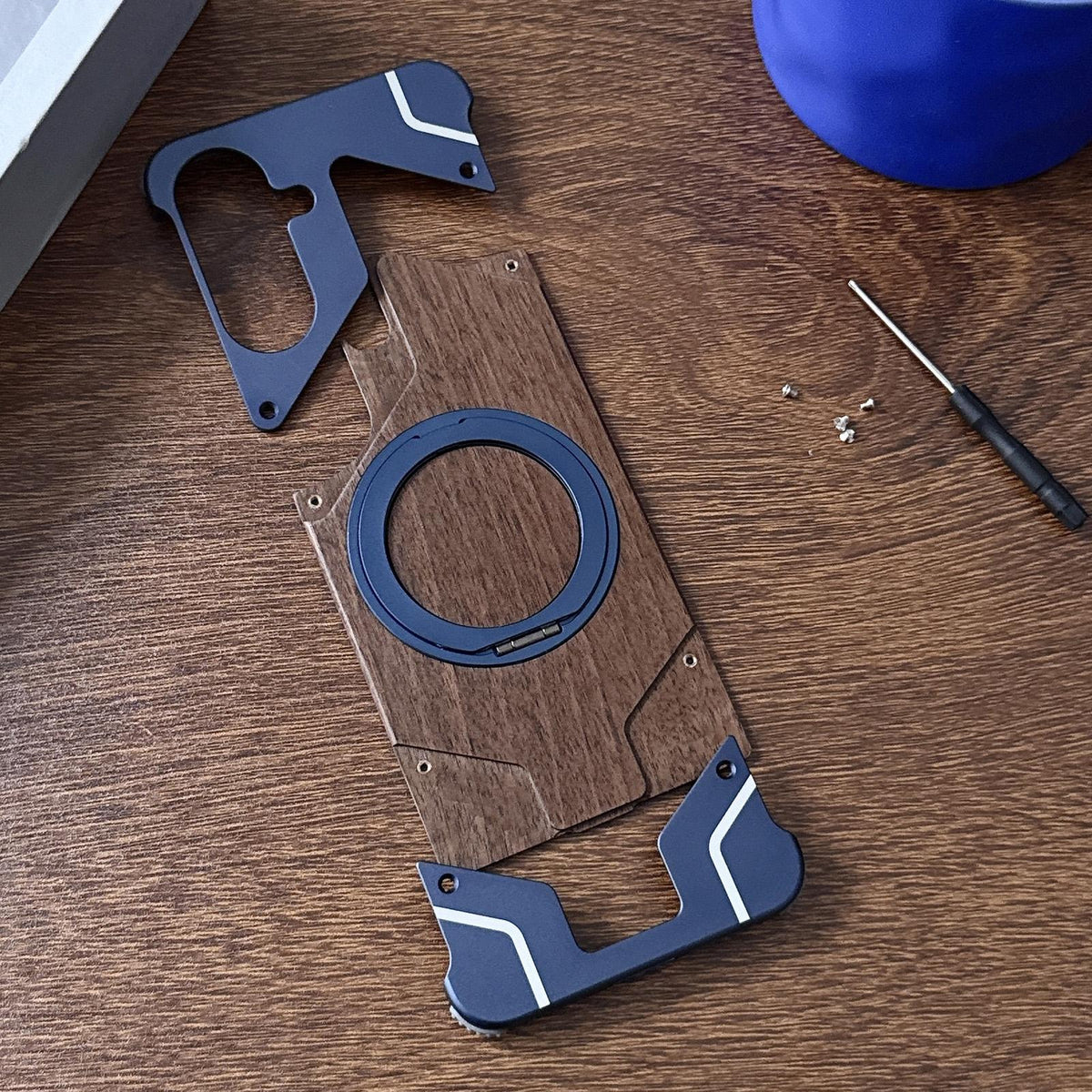 For Galaxy A56 5G Armor Walnut Wood Metal Frameless 360 Rotation Holder Magnetic Phone Case - Silver - EDA009740901A