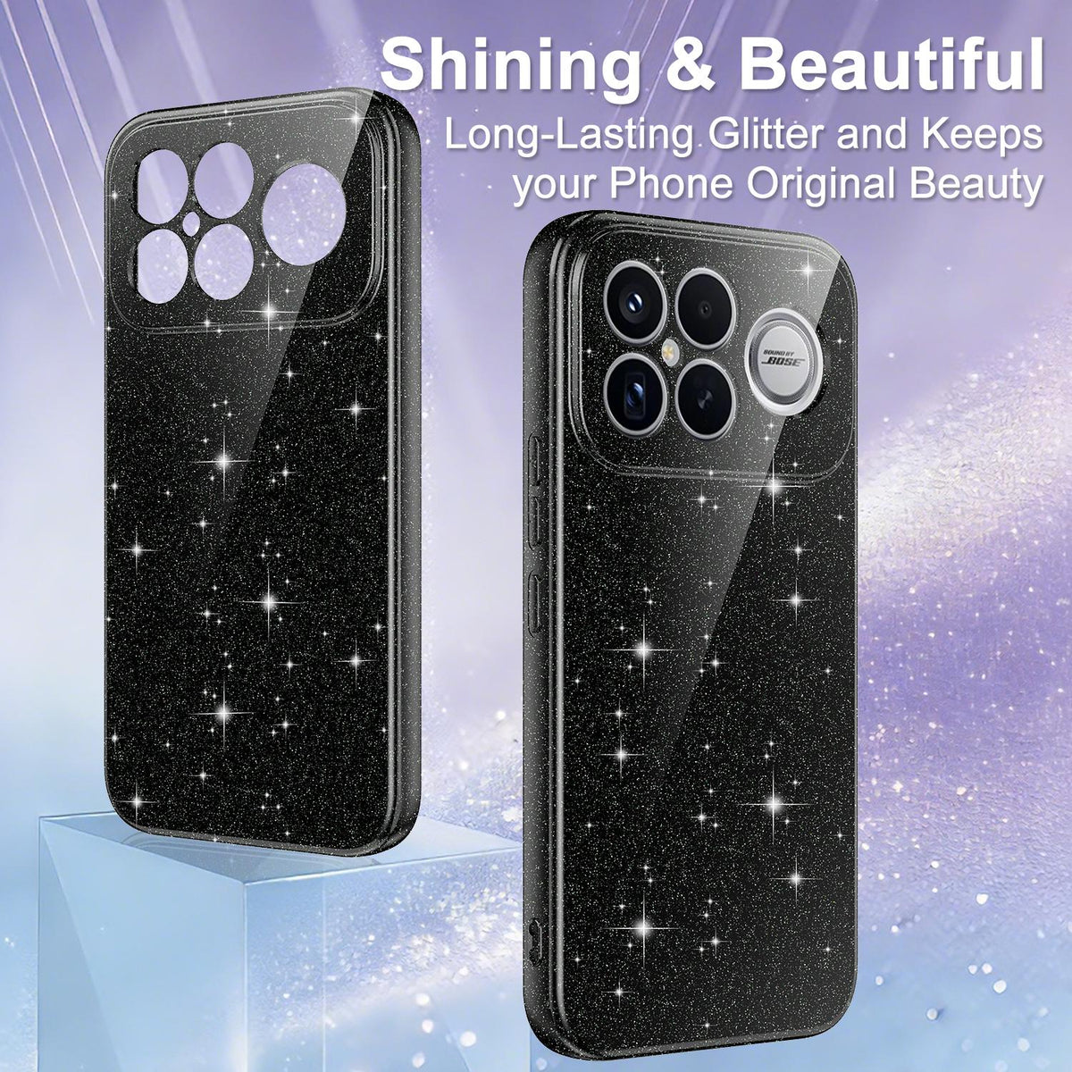 For Redmi K90 Pro Max / Poco F8 Ultra Fine Hole Glossy Glitter Magnetic TPU Phone Case with Same Color Hand Strap - Black - EDA009749401B