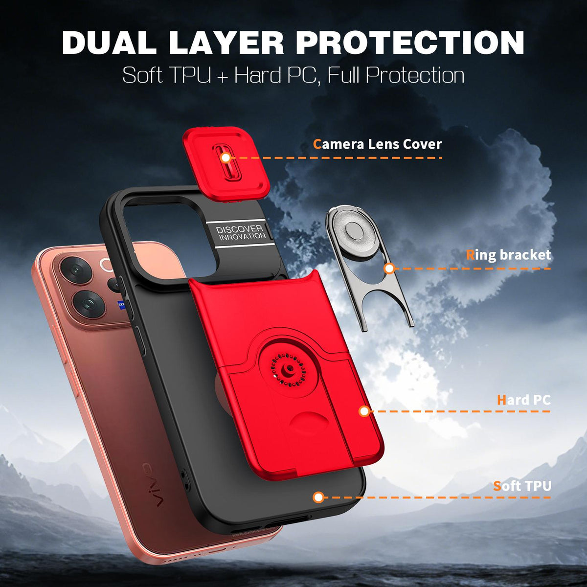 For vivo V70 5G / S50 5G Sliding Camera Cover 2 in 1 Rotating Holder Air Bag Shockproof Phone Case - Red - EDA009752601D