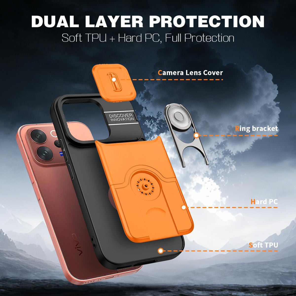 For vivo V70 5G / S50 5G Sliding Camera Cover 2 in 1 Rotating Holder Air Bag Shockproof Phone Case - Orange - EDA009752601F