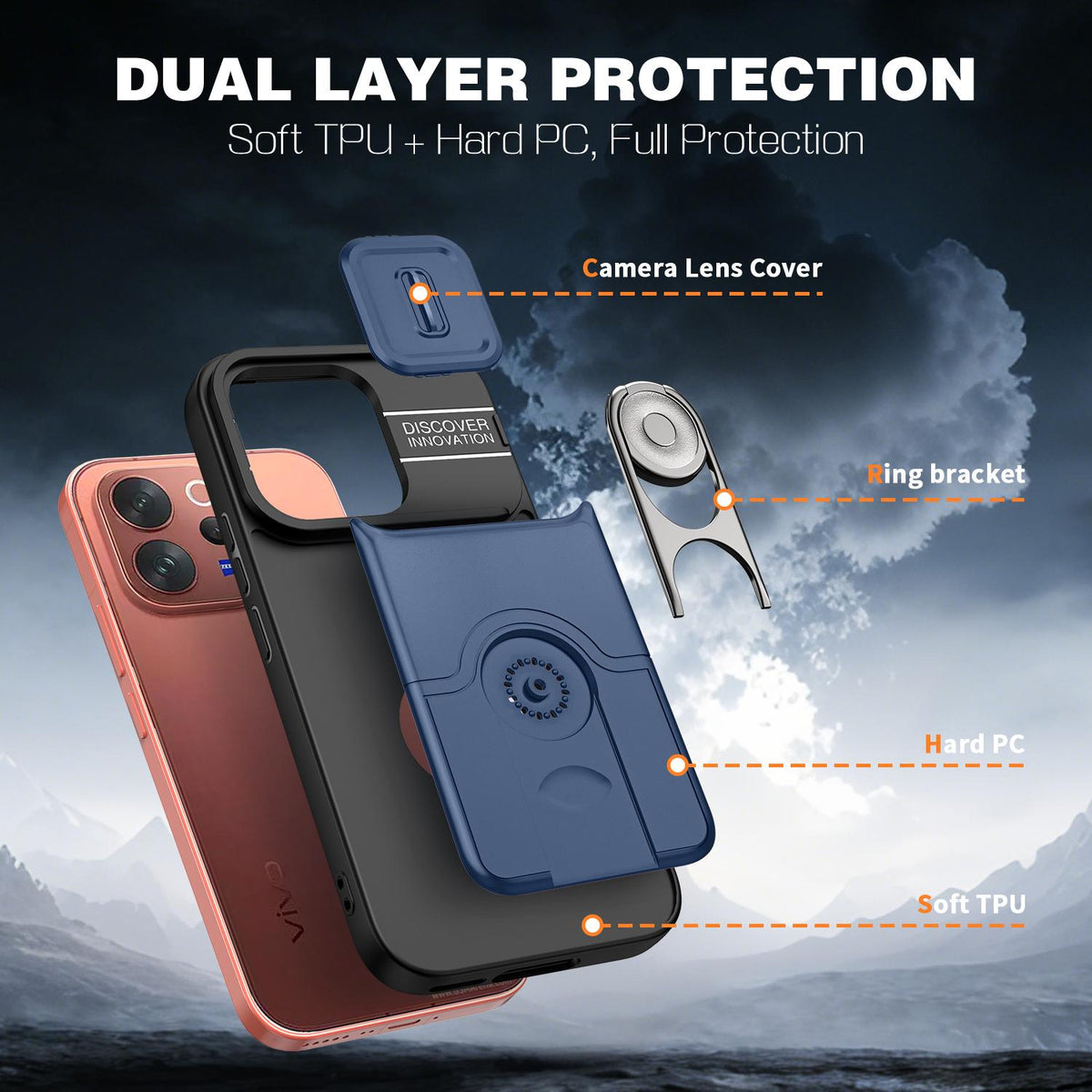 For vivo V70 5G / S50 5G Sliding Camera Cover 2 in 1 Rotating Holder Air Bag Shockproof Phone Case - Blue - EDA009752601G