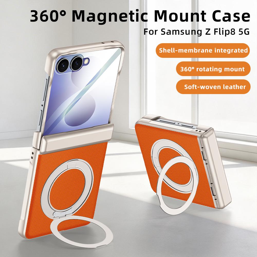 For Galaxy Z Flip8 5G Spring Hinge Vegan Leather 360 Magnetic Holder Integrated Film Phone Case - Black - EDA009759001B