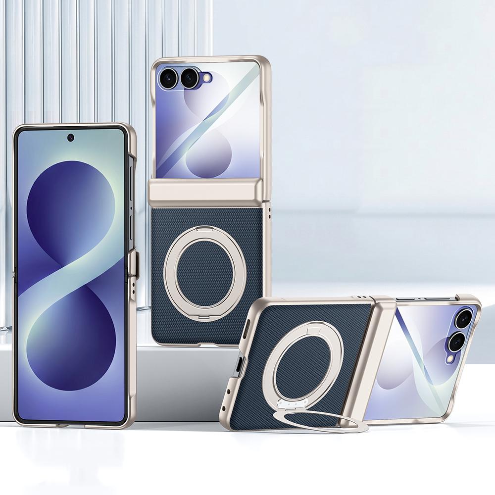 For Galaxy Z Flip8 5G Spring Hinge Vegan Leather 360 Magnetic Holder Integrated Film Phone Case - Blue - EDA009759001C