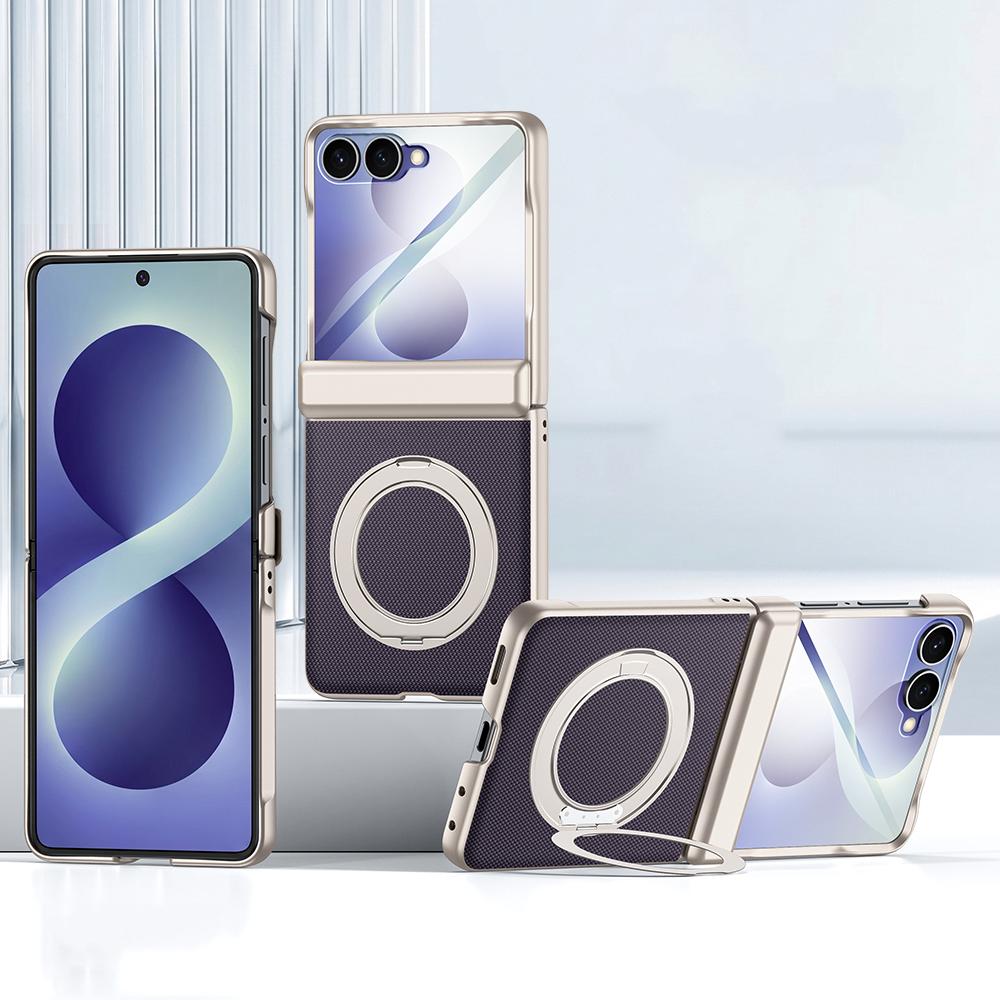 For Galaxy Z Flip8 5G Spring Hinge Vegan Leather 360 Magnetic Holder Integrated Film Phone Case - Purple - EDA009759001D