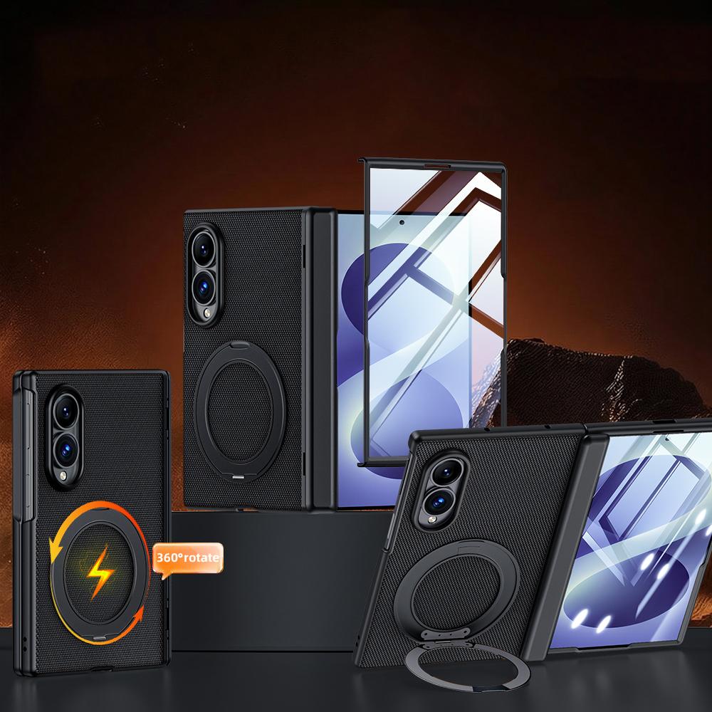 For Galaxy Z Fold8 5G Spring Hinge Vegan Leather 360 Magnetic Holder Integrated Film Phone Case - Black - EDA009759401A
