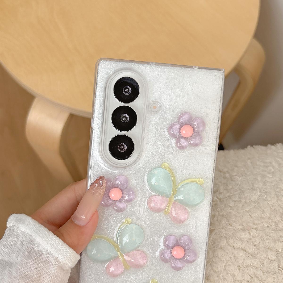 For Galaxy Z Flip7 Glazed Flowers Butterflies Epoxy Resin PC Phone Case - White - EDA009773701A