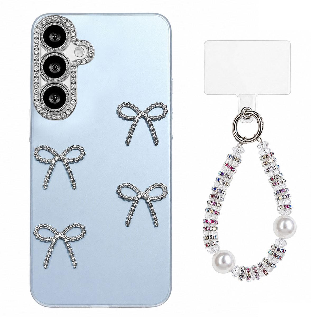 For Galaxy S24 FE 5G Electroplated Bowknot Dopamine Color Skin-Friendly IMD Phone Case with Beaded Wrist Strap - Blue - EDA009774409F