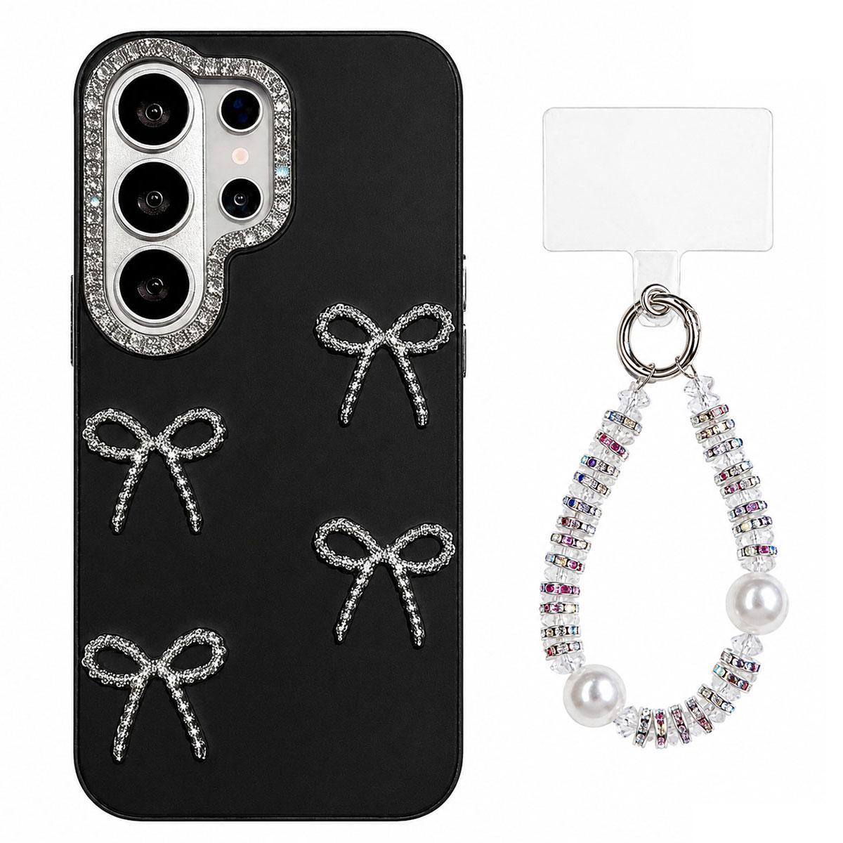 For Galaxy S24 Ultra 5G Electroplated Bowknot Dopamine Color Skin-Friendly IMD Phone Case with Beaded Wrist Strap - Black - EDA009774410A