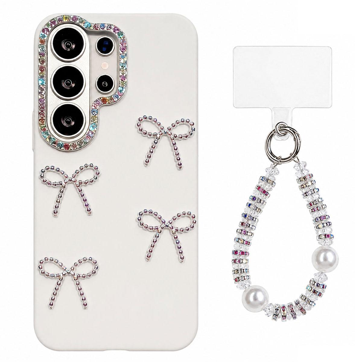For Galaxy S24 Ultra 5G Electroplated Bowknot Dopamine Color Skin-Friendly IMD Phone Case with Beaded Wrist Strap - White - EDA009774410B