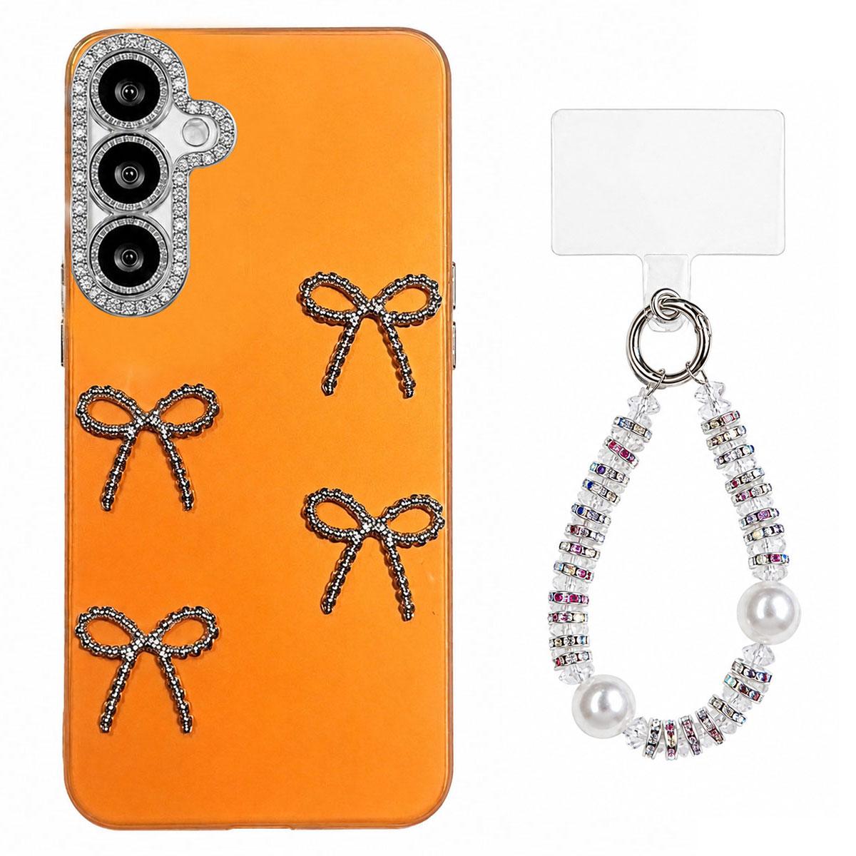 For Galaxy A35 5G Electroplated Bowknot Dopamine Color Skin-Friendly IMD Phone Case with Beaded Wrist Strap - Orange - EDA009774511E