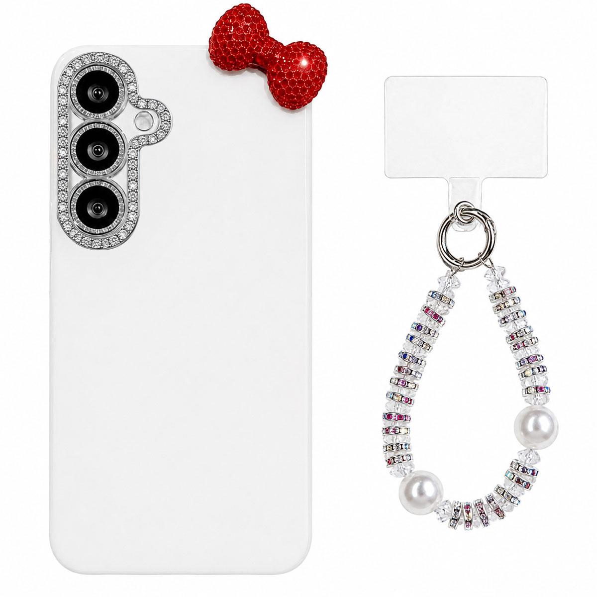 For Galaxy S26 FE 5G Cute Bowknot Dopamine Color Skin-Friendly IMD Phone Case with Beaded Wrist Strap - White - EDA009775101B