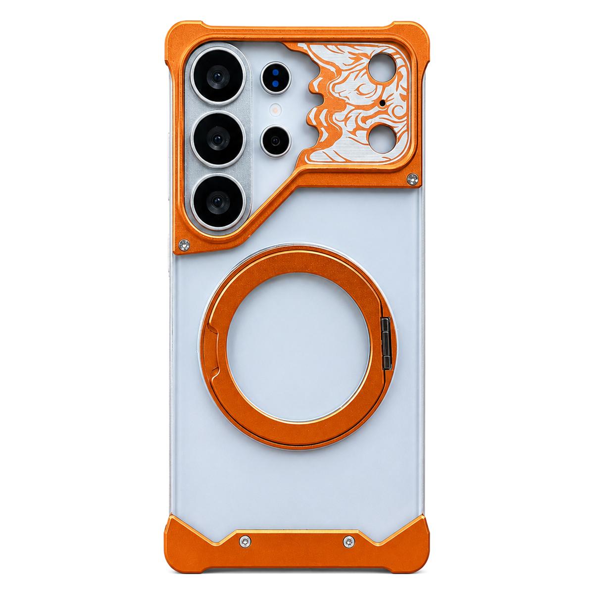For Galaxy S26 Ultra 5G Horse-face Frosted PC 360 Holder Magnetic Phone Case - Orange - EDA009780501A