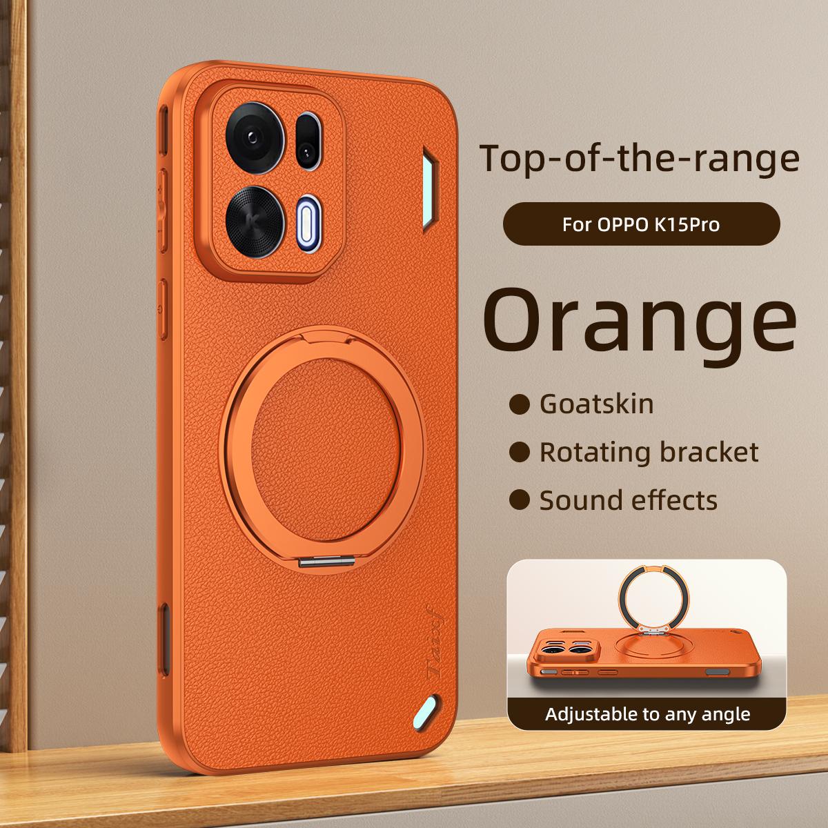 For OPPO K15 Pro 5G Goatskin Vegan Leather Magnetic Phone Case With 360 Degree Rotating Holder - Orange - EDA009792612A