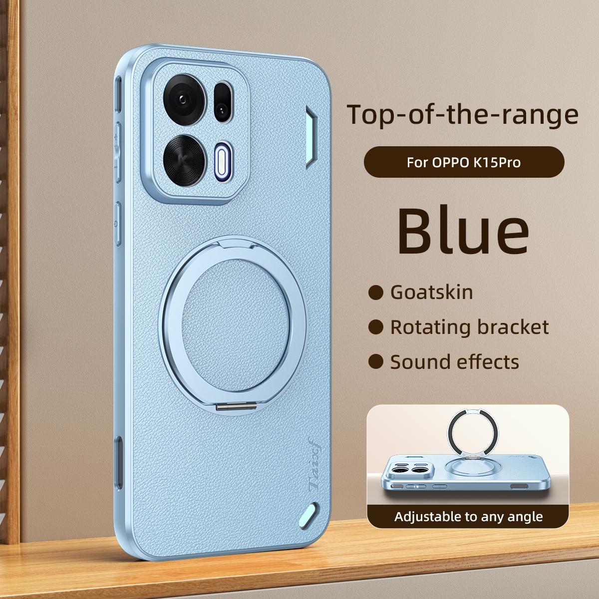 For OPPO K15 Pro 5G Goatskin Vegan Leather Magnetic Phone Case With 360 Degree Rotating Holder - Blue - EDA009792612C