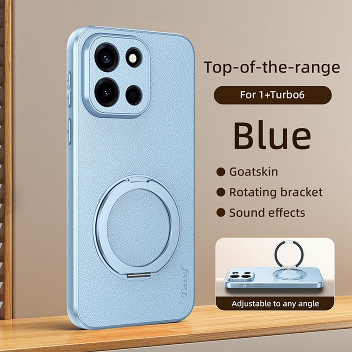 For OnePlus Turbo 6 Goatskin Vegan Leather Magnetic Phone Case With 360 Degree Rotating Holder - Blue - EDA009793102C