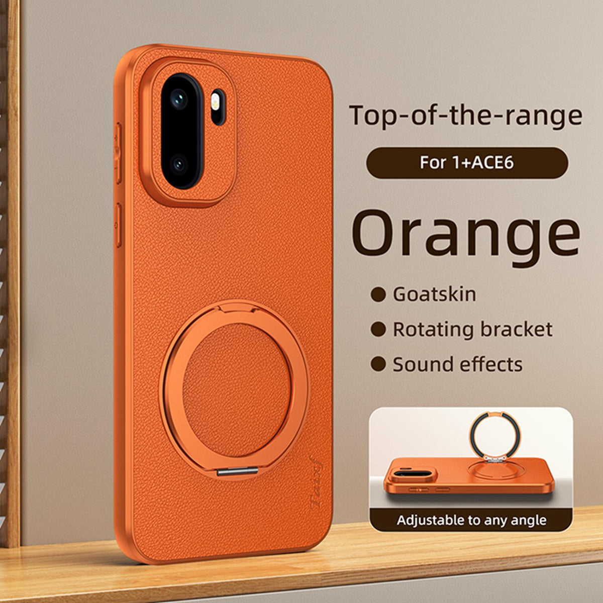 For OnePlus Ace 6 Goatskin Vegan Leather Magnetic Phone Case With 360 Degree Rotating Holder - Orange - EDA009793103A