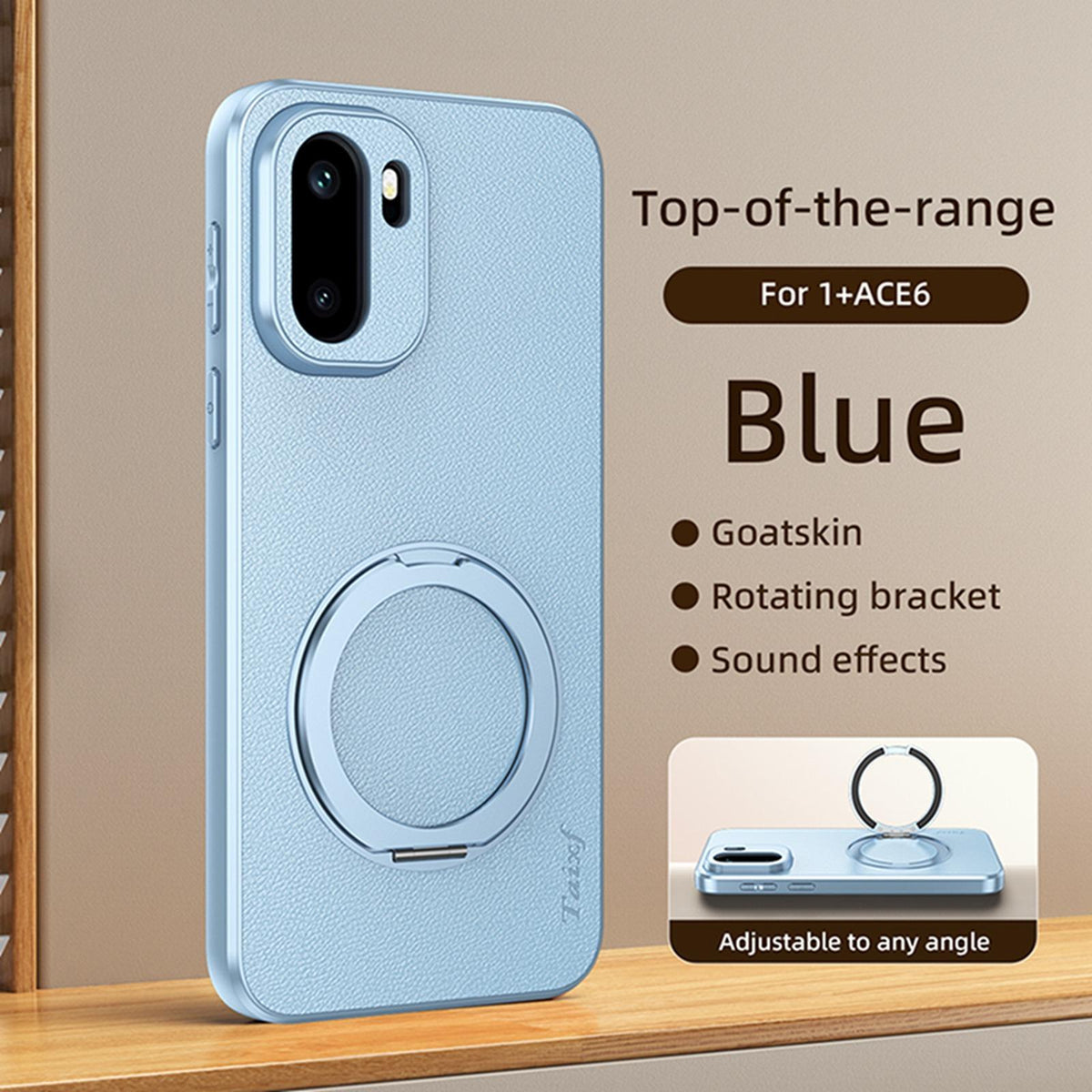 For OnePlus Ace 6 Goatskin Vegan Leather Magnetic Phone Case With 360 Degree Rotating Holder - Blue - EDA009793103C