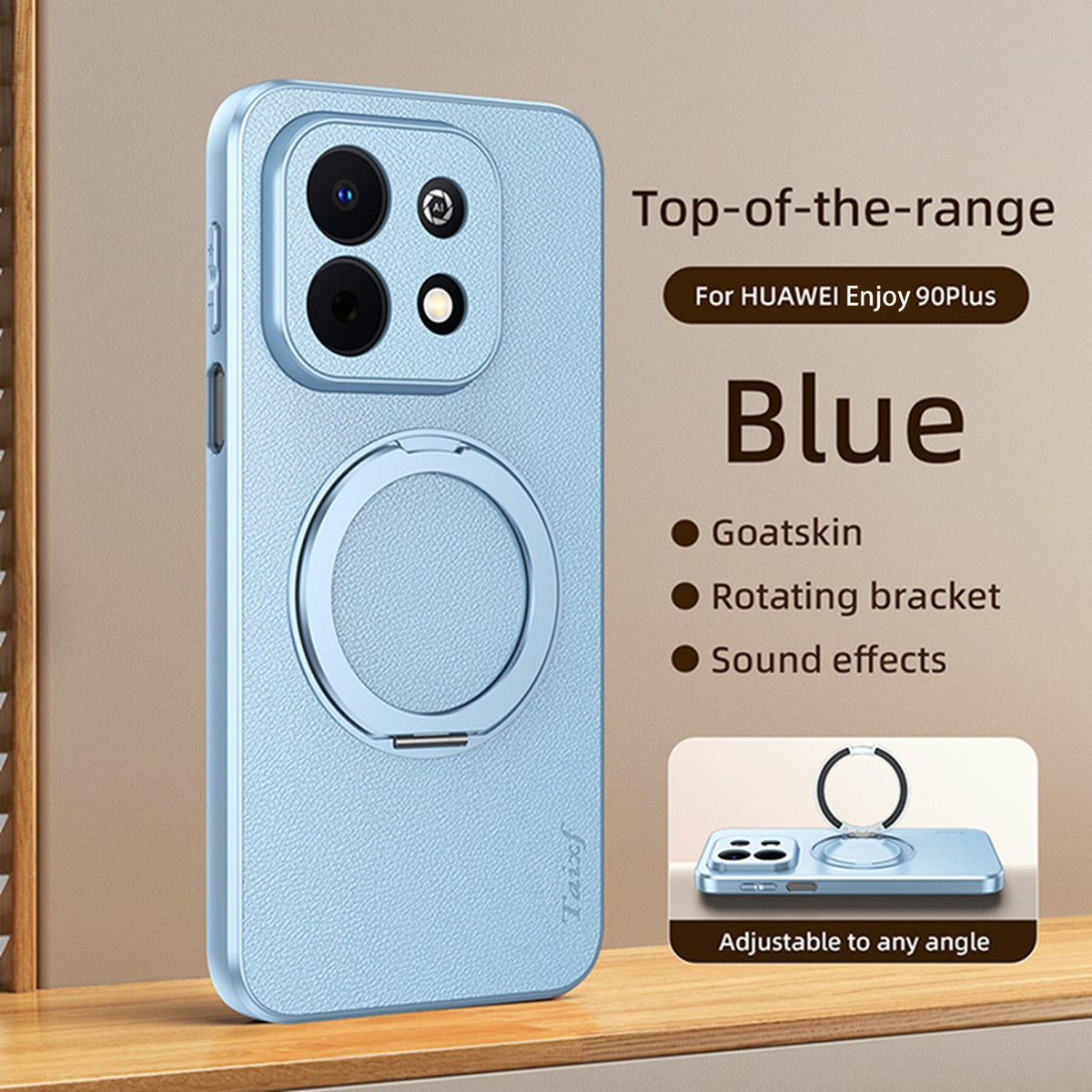 For Huawei Enjoy 90 Plus 5G Goatskin Vegan Leather Magnetic Phone Case With 360 Degree Rotating Holder - Blue - EDA009794202C