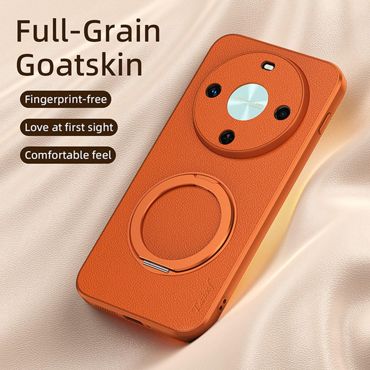For Huawei Enjoy 70X Goatskin Vegan Leather Magnetic Phone Case With 360 Degree Rotating Holder - Orange - EDA009794204A