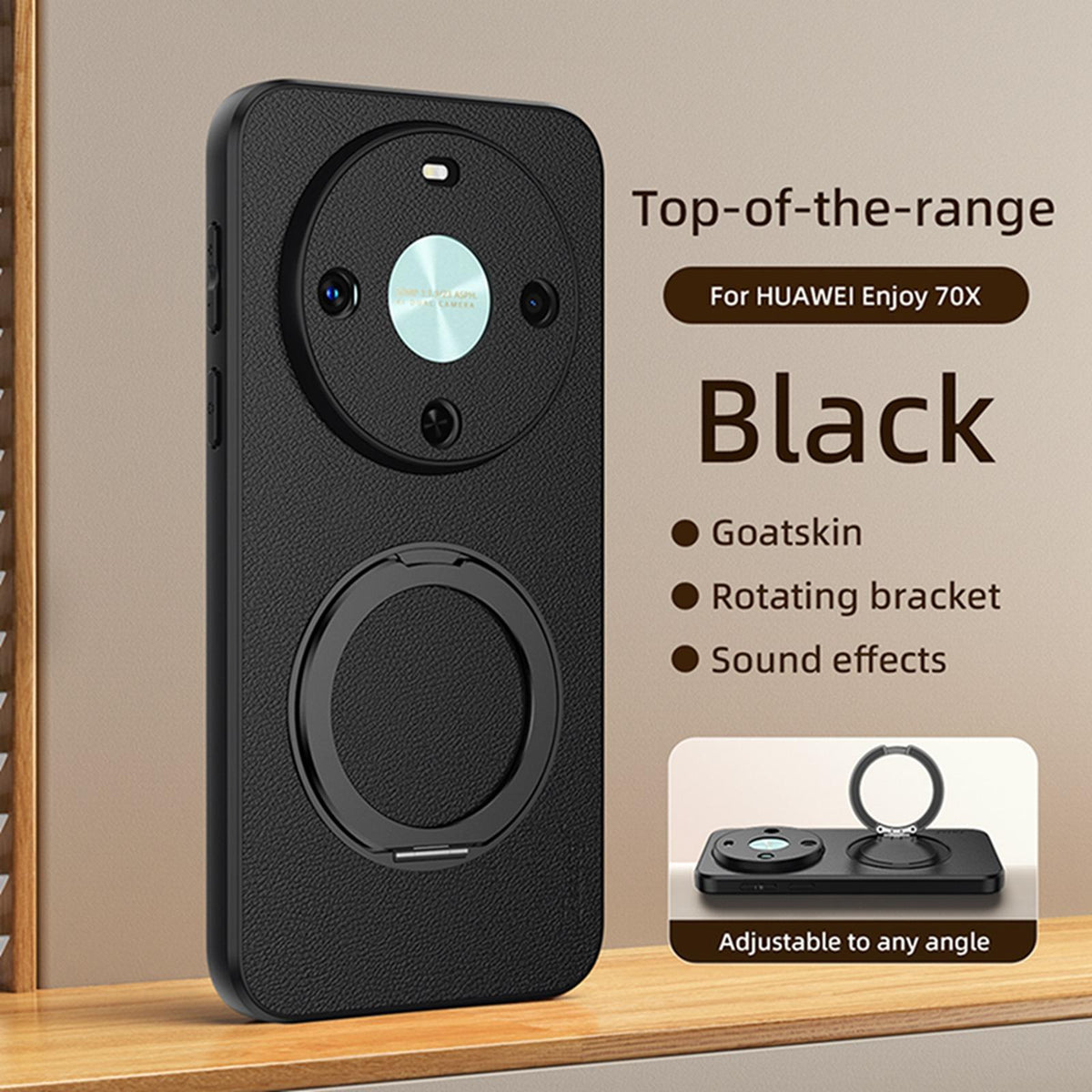 For Huawei Enjoy 70X Goatskin Vegan Leather Magnetic Phone Case With 360 Degree Rotating Holder - Black - EDA009794204B