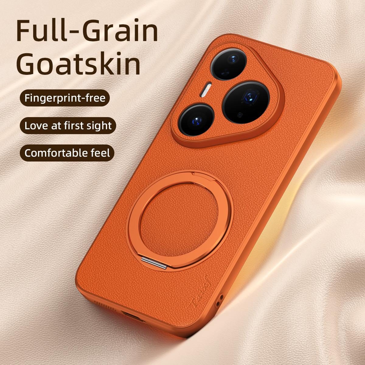 For Huawei Pura 80 Pro 5G Goatskin Vegan Leather Magnetic Phone Case With 360 Degree Rotating Holder - Orange - EDA009794205A