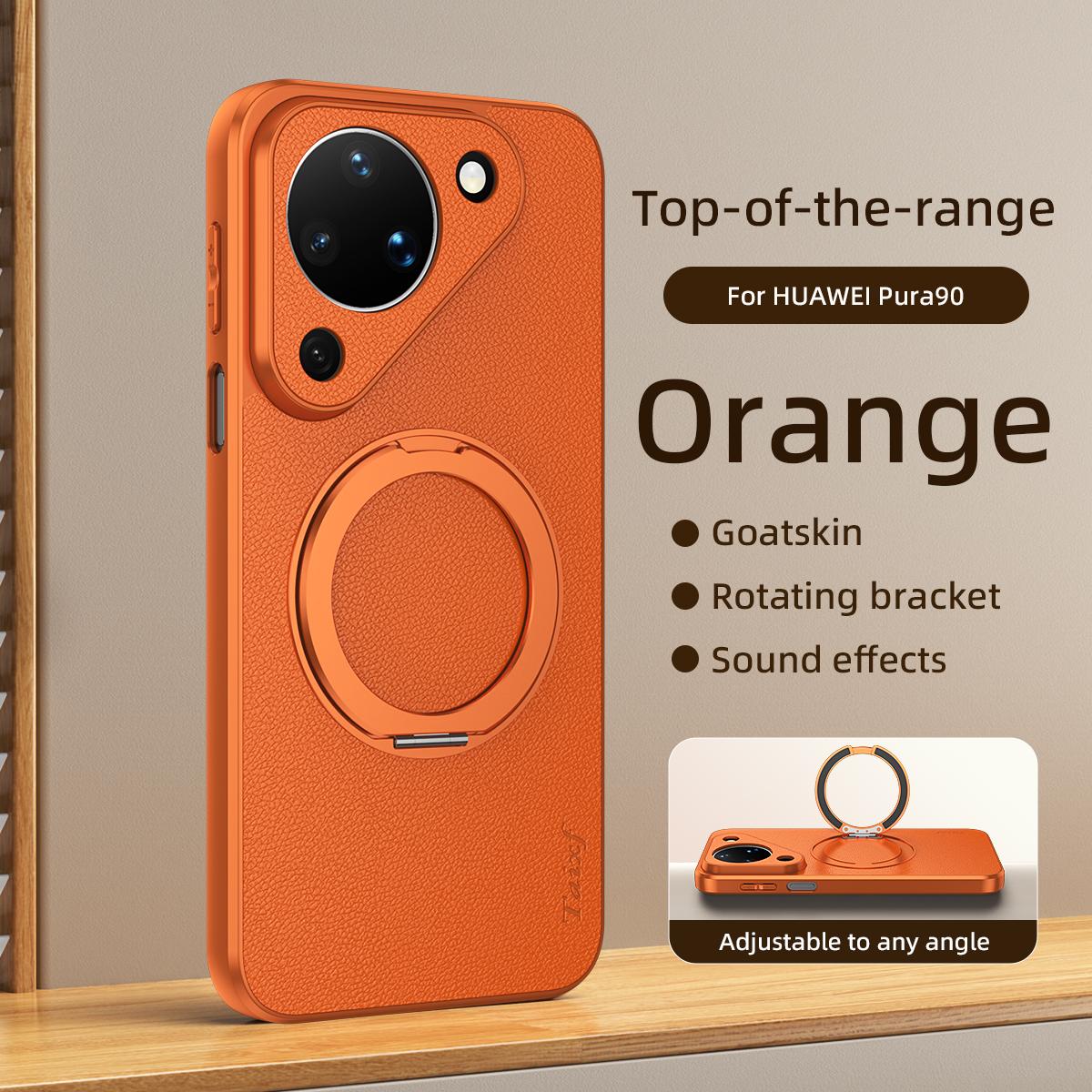 For Huawei Pura 90 5G Goatskin Vegan Leather Magnetic Phone Case With 360 Degree Rotating Holder - Orange - EDA009794209A