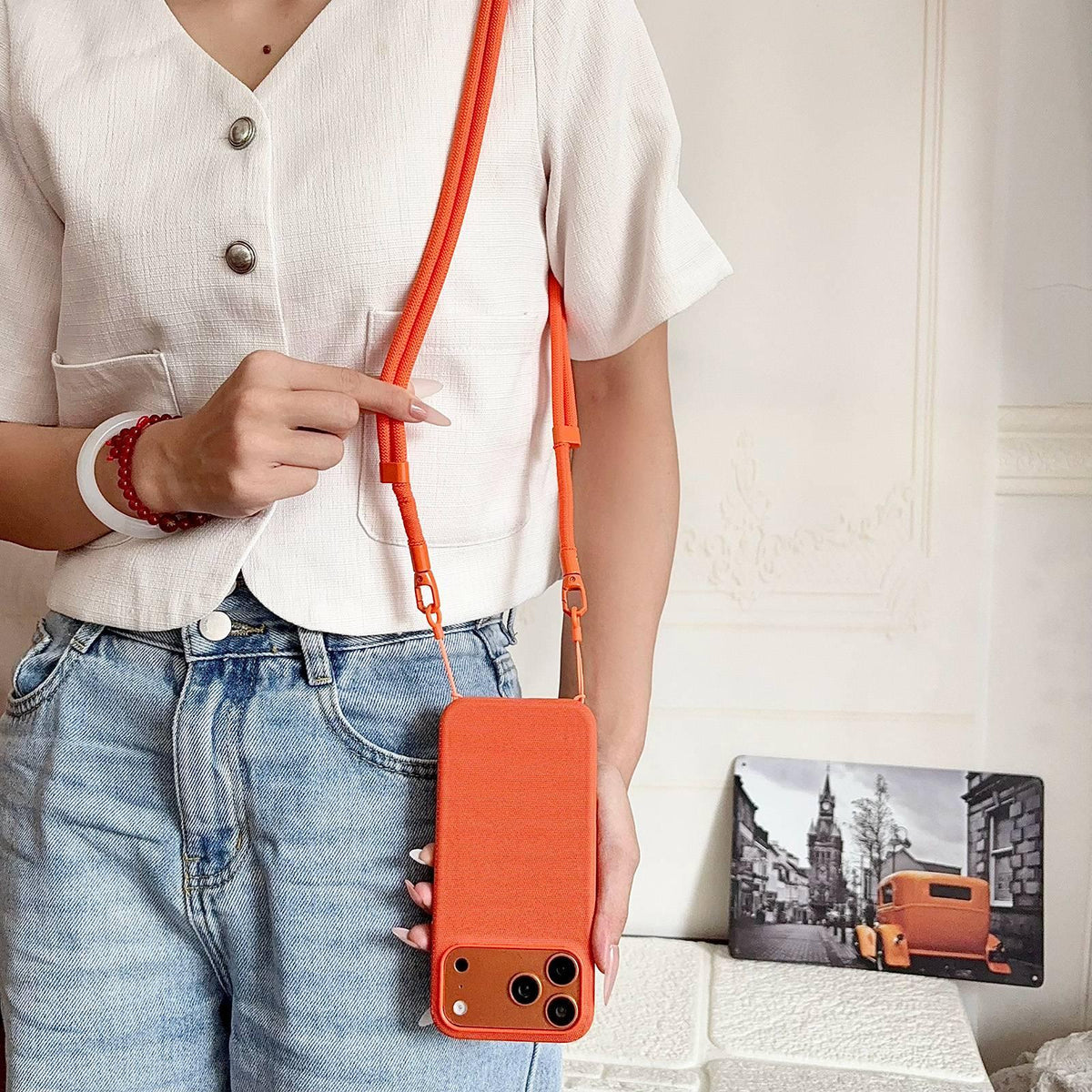 For iPhone 17 Pro Tech Fabric Texture Magnetic Phone Case with AI Button & Crossbody Strap - Orange - EDA009796102A