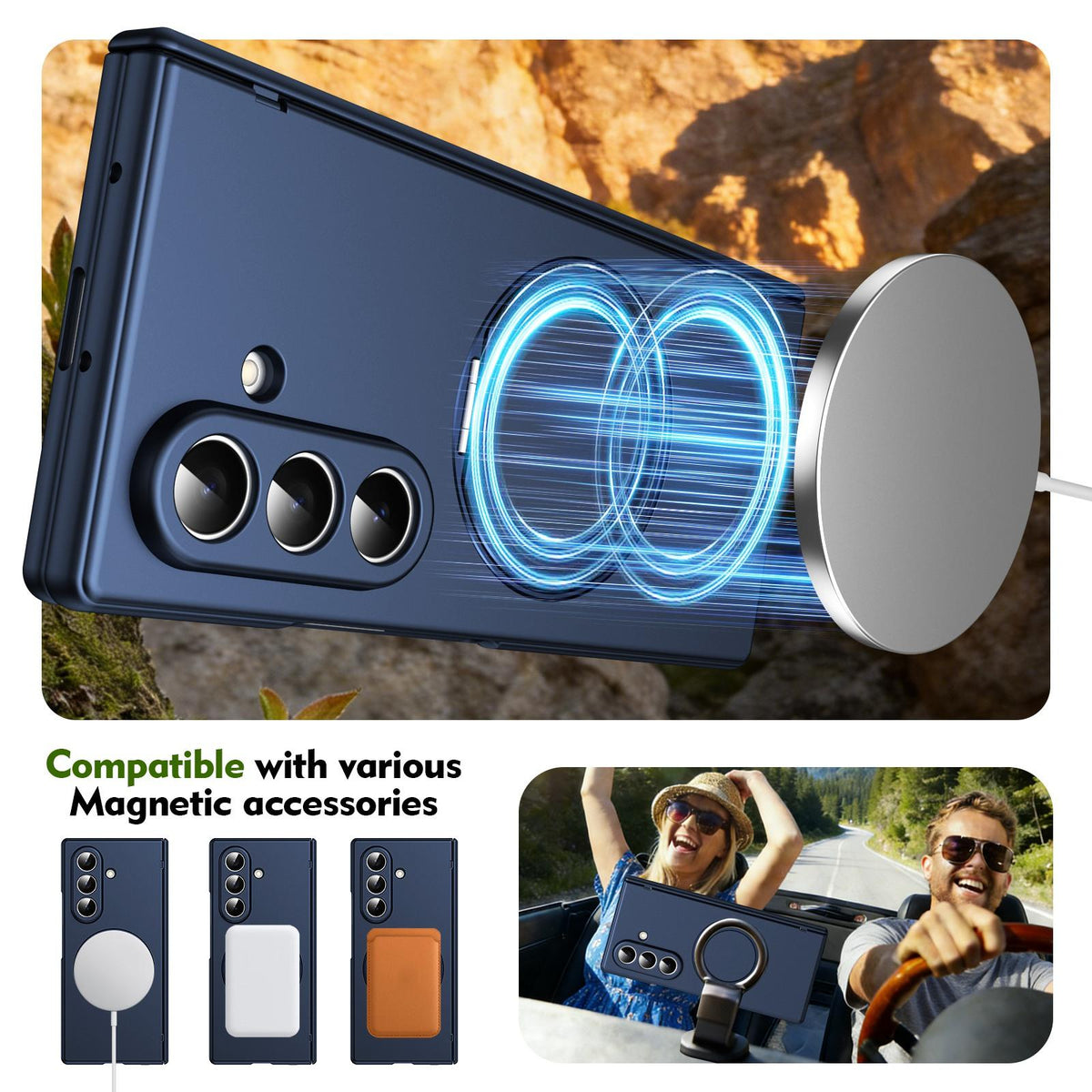 For Galaxy Z Fold8 Ultra 5G Rotation Magnetic Ring Holder Hinge Integrated Film Phone Case - Blue - EDA009804302B