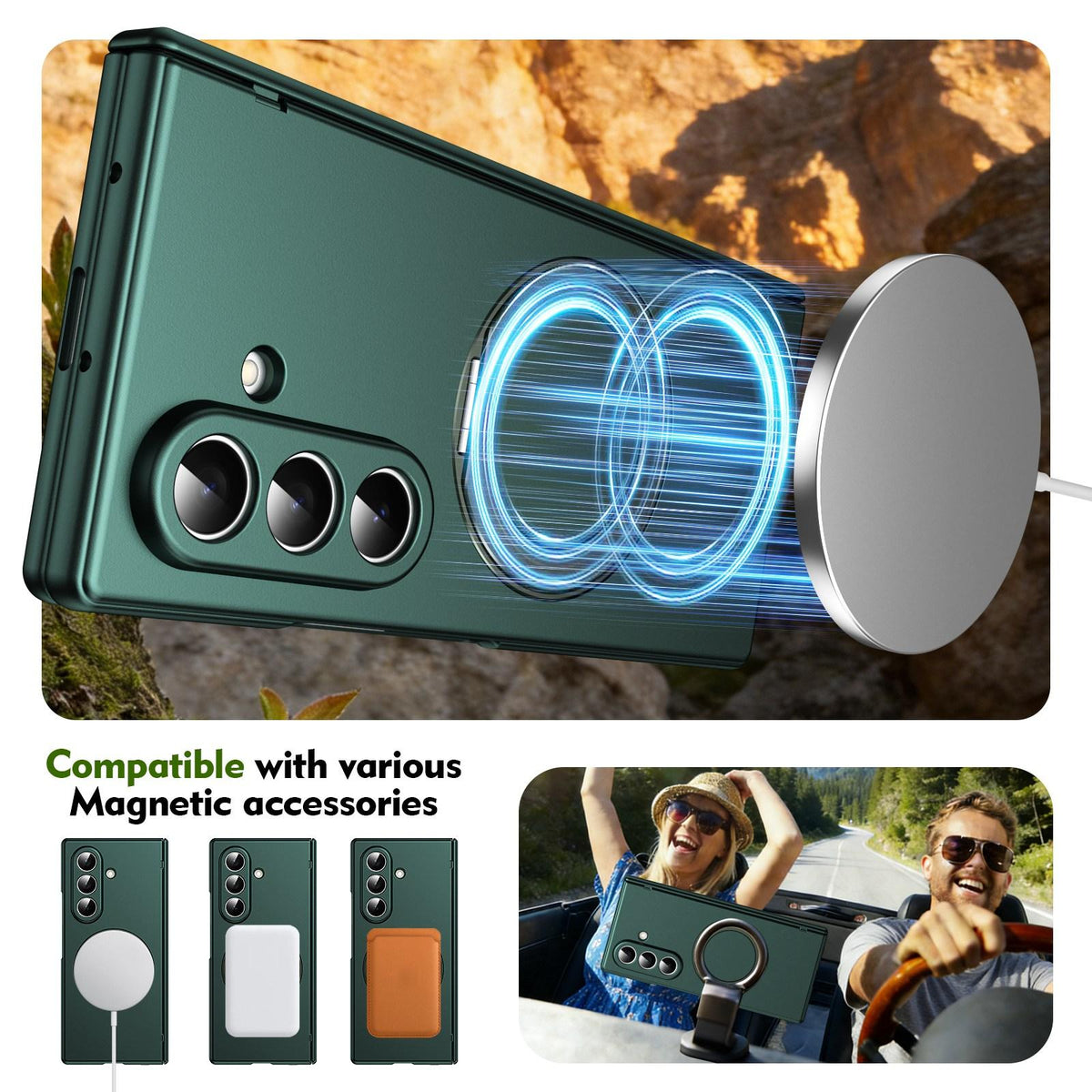 For Galaxy Z Fold8 Ultra 5G Rotation Magnetic Ring Holder Hinge Integrated Film Phone Case - Green - EDA009804302E