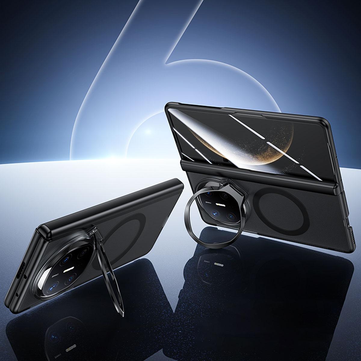 For Huawei Mate X6 Transparent Lens Holder Hinge Integrated Film Magnetic Ring Phone Case - Black - EDA009809401A