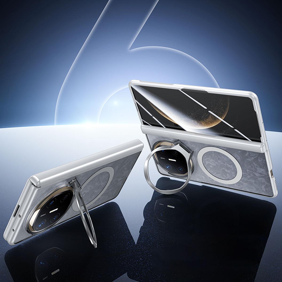 For Huawei Mate X6 Transparent Lens Holder Hinge Integrated Film Magnetic Ring Phone Case - Silver - EDA009809401C