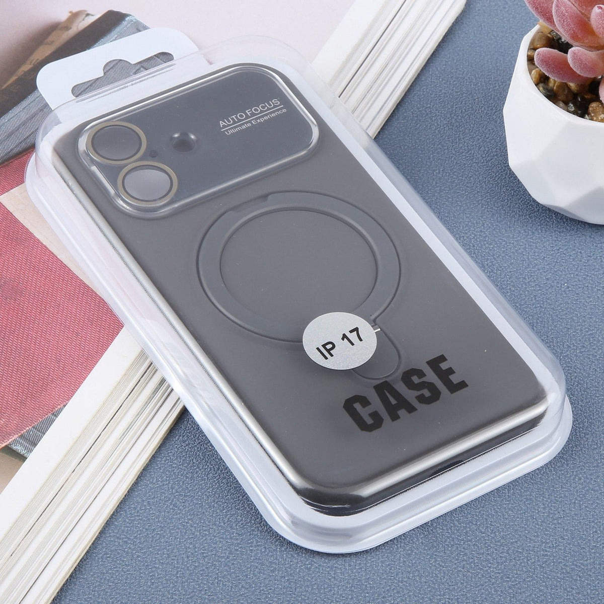 For iPhone 17 Large Window Magnetic Holder Liquid Silicone Phone Case - Dark Grey - EDA009822503J