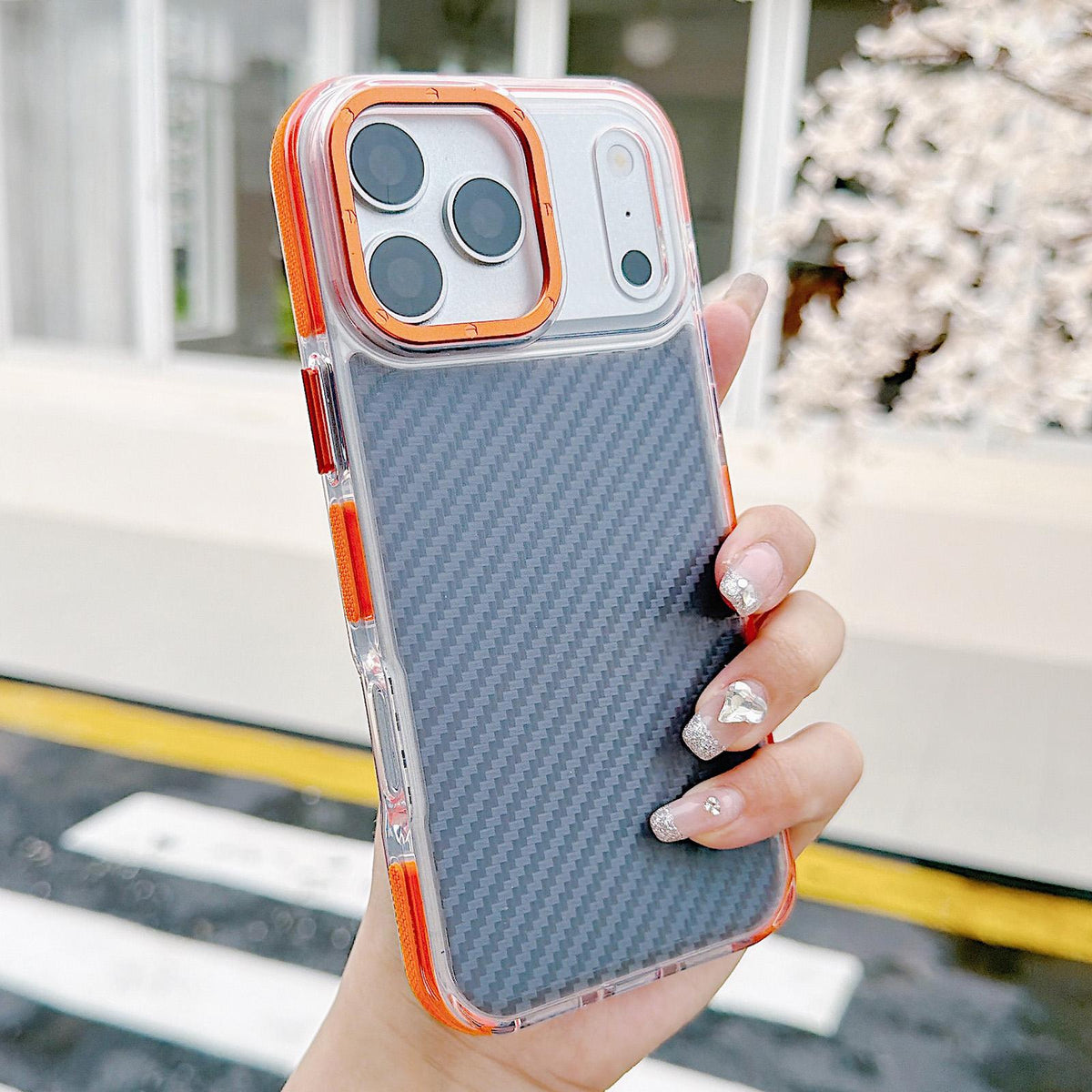For iPhone 17 Pro Max Dual-Color Carbon Fiber Texture Acrylic Hybrid TPU Phone Case - Orange - EDA009831601A