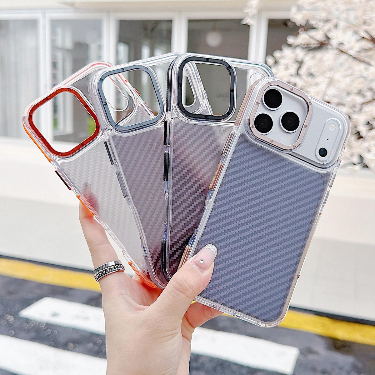 For iPhone 17 Pro Max Dual-Color Carbon Fiber Texture Acrylic Hybrid TPU Phone Case - Orange - EDA009831601A