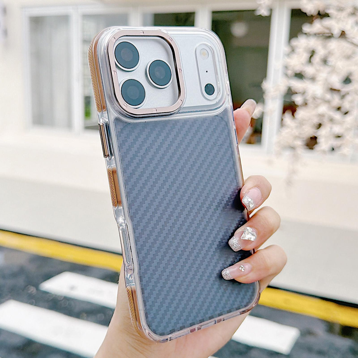 For iPhone 17 Pro Max Dual-Color Carbon Fiber Texture Acrylic Hybrid TPU Phone Case - Gold - EDA009831601D