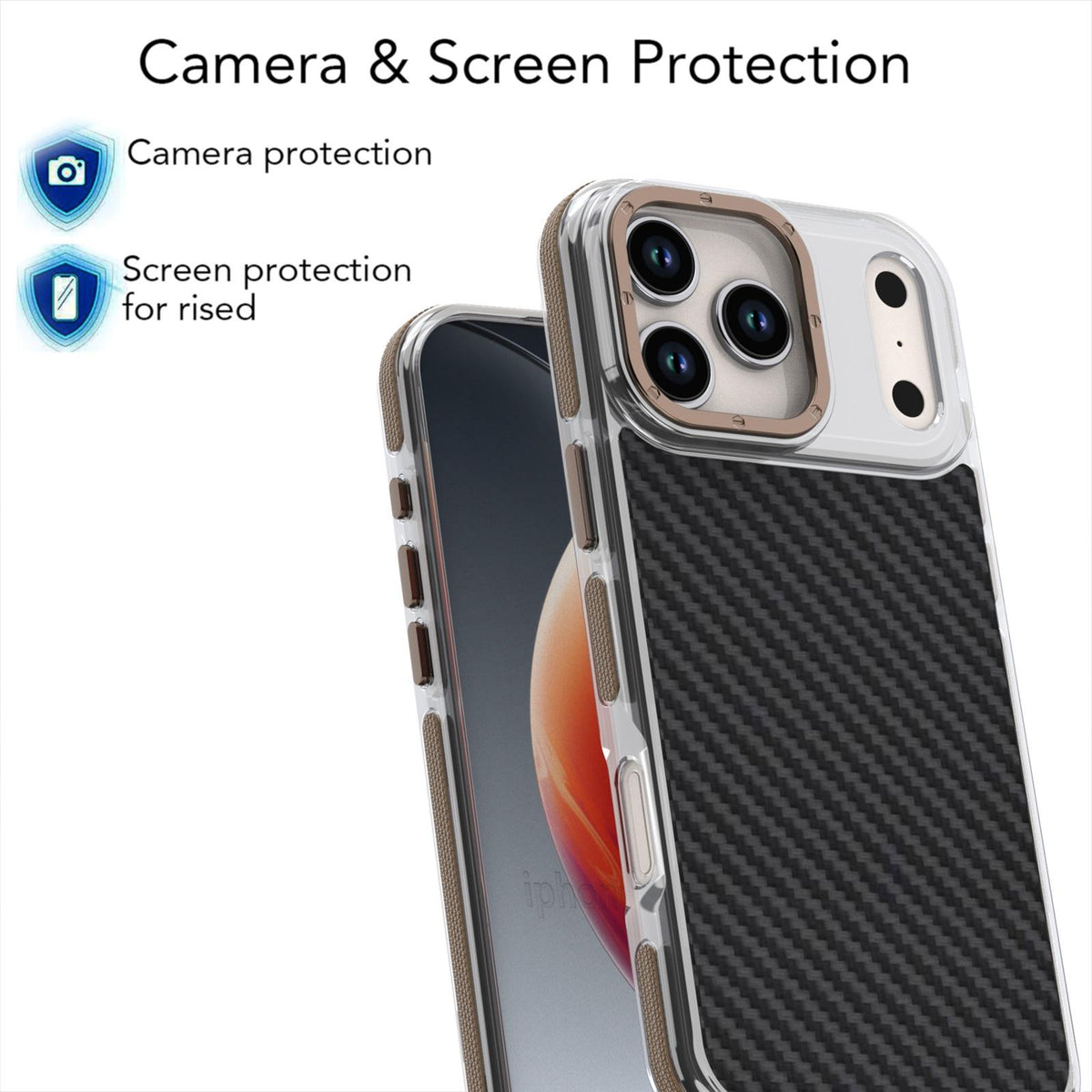 For iPhone 18 Pro Max Dual-Color Carbon Fiber Texture Acrylic Hybrid TPU Phone Case - Gold - EDA009831607D