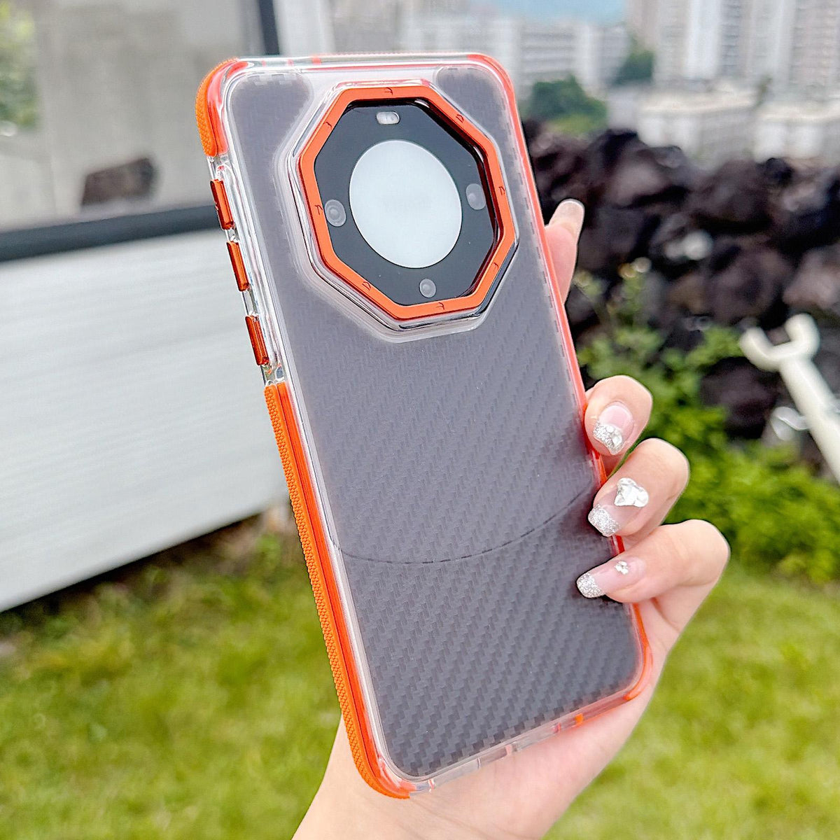 For Huawei Mate 60 Pro Dual-Color Carbon Fiber Texture Acrylic Hybrid TPU Phone Case - Orange - EDA009831702A