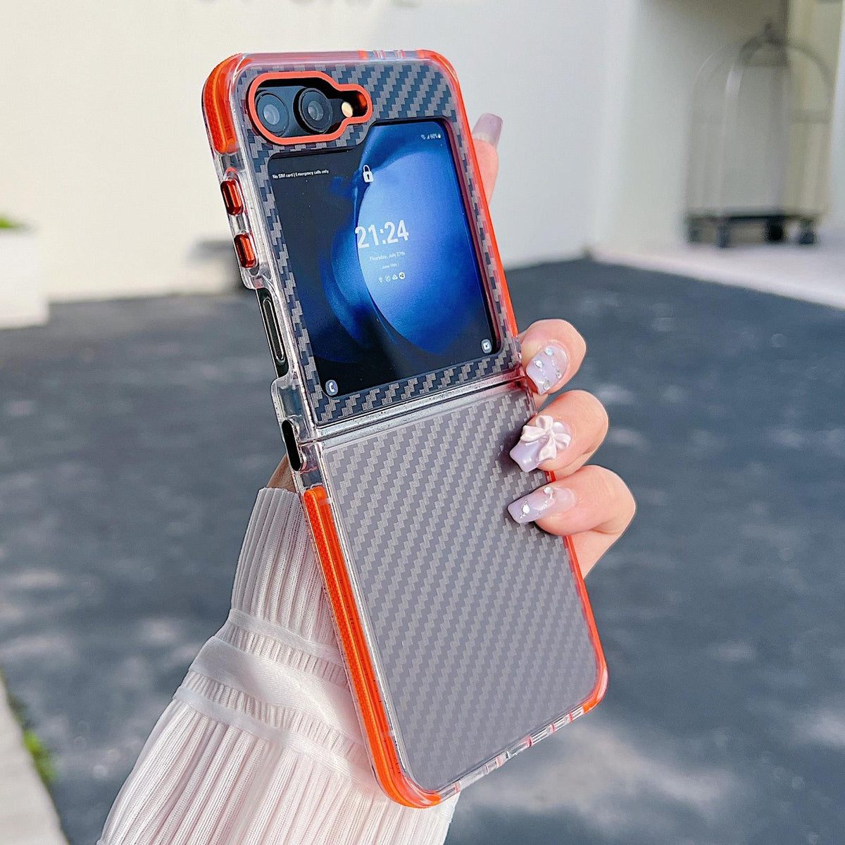 For Galaxy Z Flip6 / Flip7 FE Dual-Color Carbon Fiber Texture Acrylic Hybrid TPU Phone Case - Orange - EDA009832203A