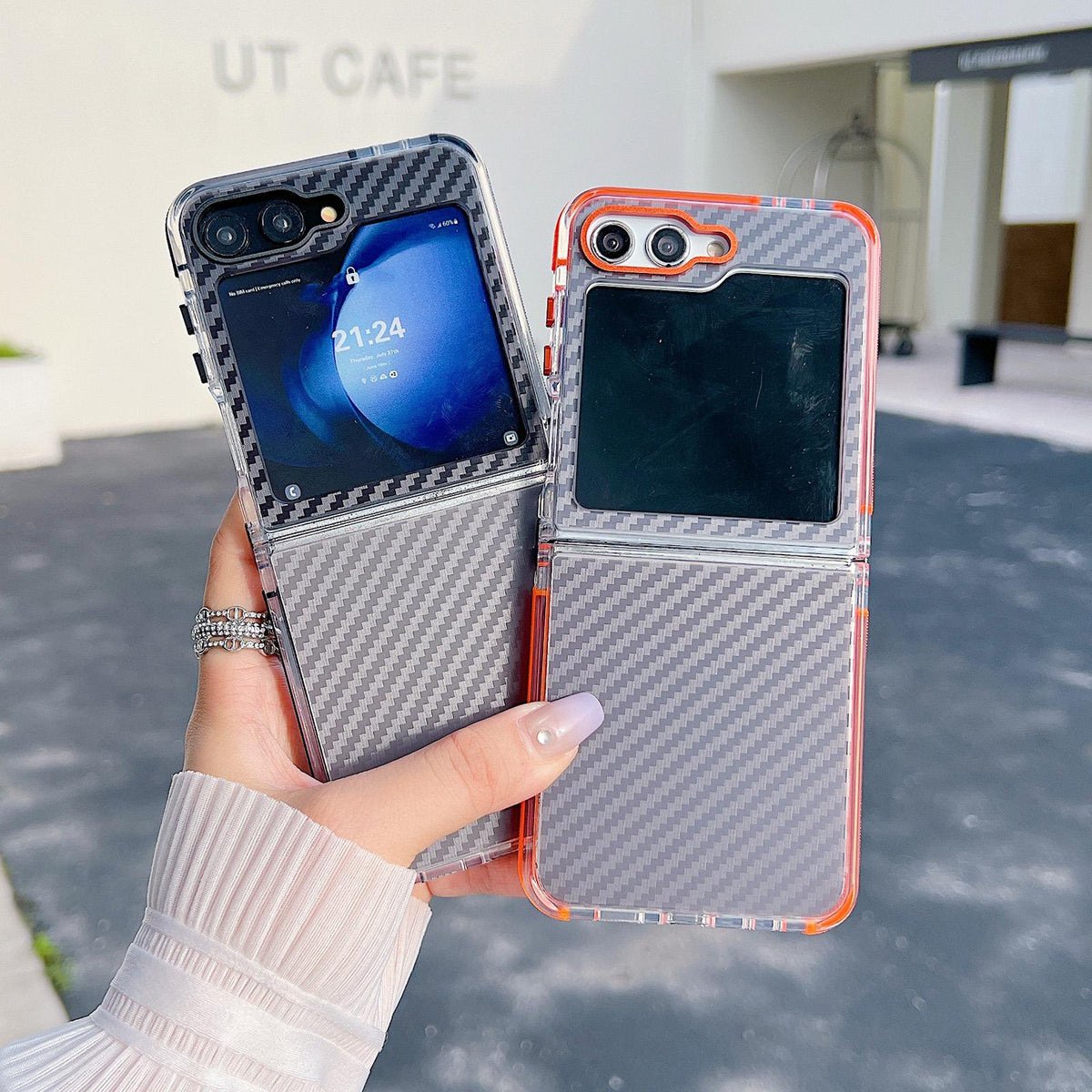 For Galaxy Z Flip6 / Flip7 FE Dual-Color Carbon Fiber Texture Acrylic Hybrid TPU Phone Case - Gray - EDA009832203C